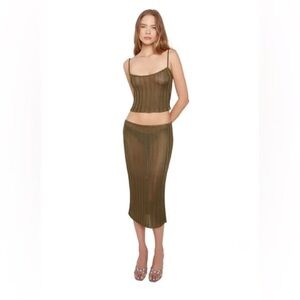 GUIZIO Slinky Rib Knit Midi Skirt Forest Green Olive Ribbed Sexy Sheer Size S